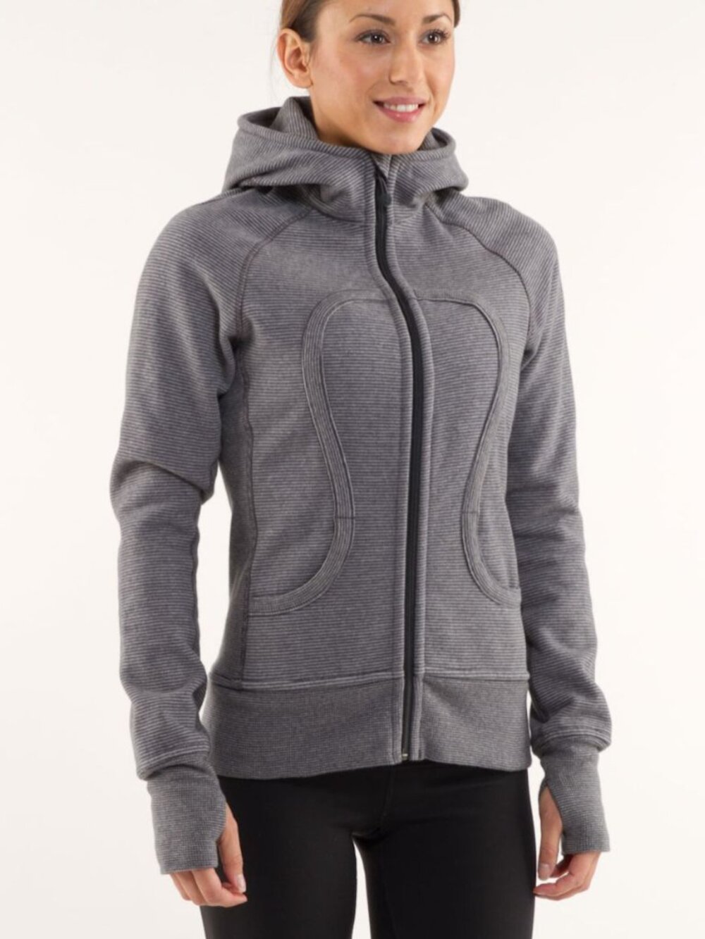Lululemon Full Zip Classic Sport Gray Stripe Scuba Hoodie Sweater size 4